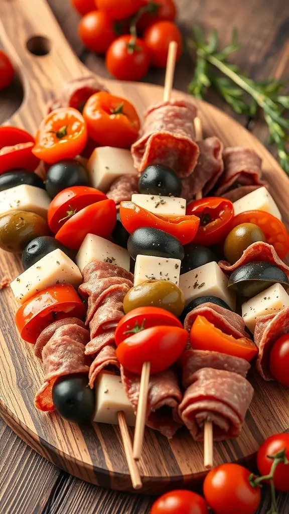 A wooden platter filled with antipasto skewers featuring cherry tomatoes, olives, cheese, and salami.