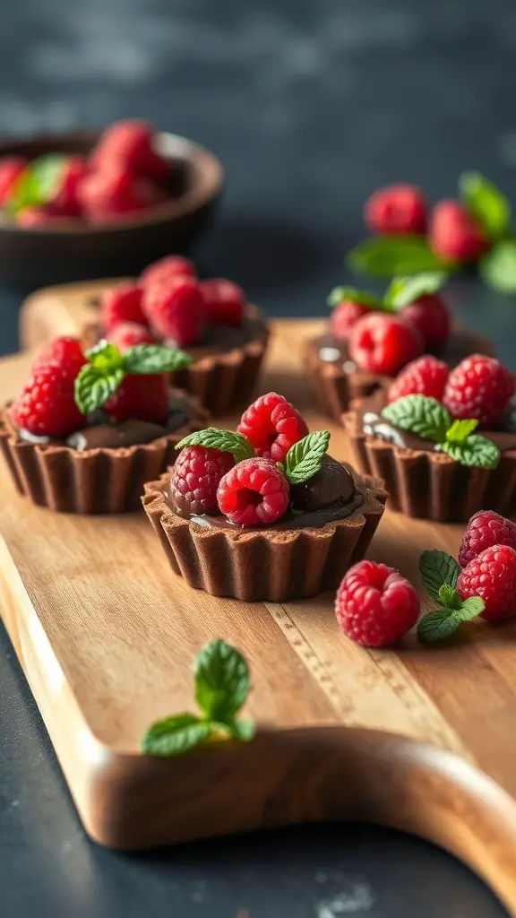 Chocolate raspberry tartlets on a wooden board with fresh raspberries and mint leaves