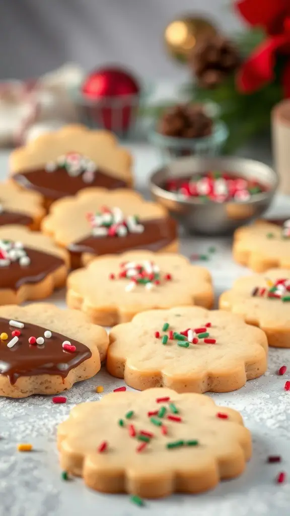A variety of chocolate-dipped shortbread cookies decorated with colorful sprinkles, set against a festive background.