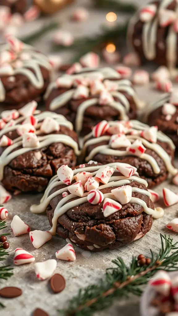 A close-up of peppermint bark cookies decorated with crushed peppermint and white chocolate drizzle.