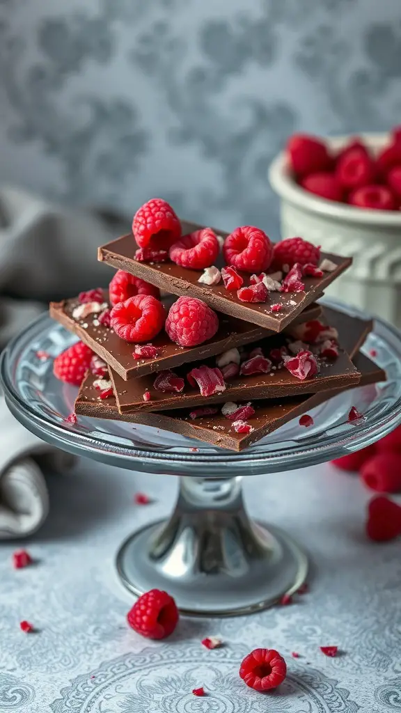 A stack of dark chocolate bark topped with fresh raspberries on a glass plate.
