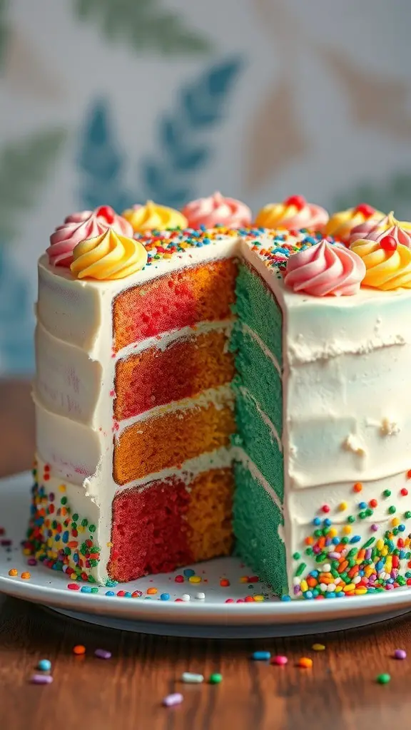 A colorful rainbow layer cake with vibrant layers and sprinkles