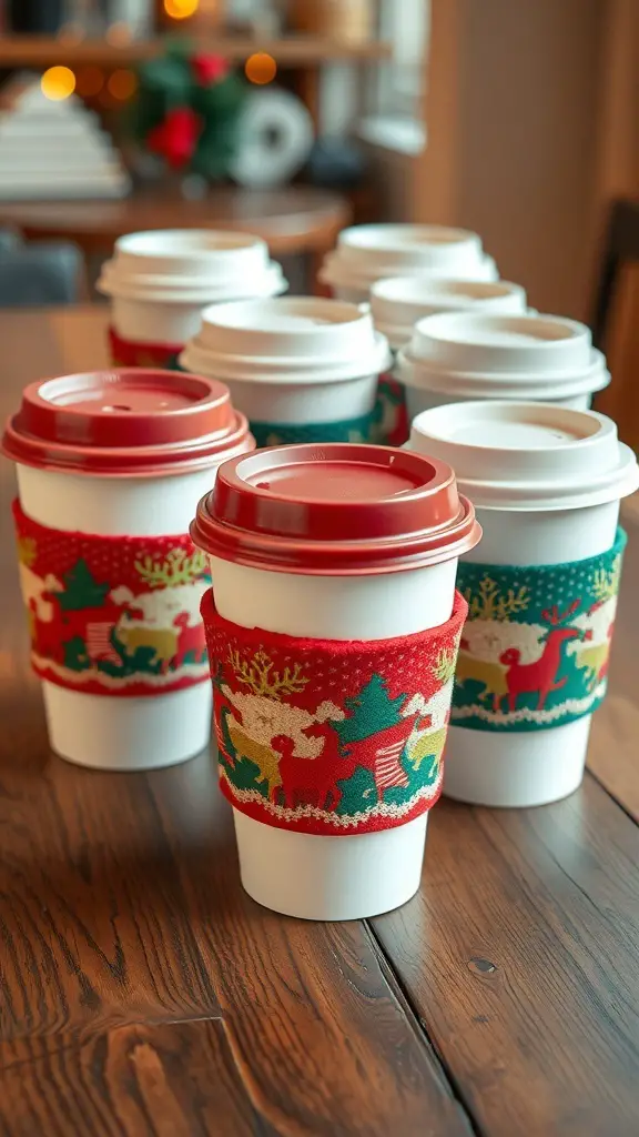 A collection of coffee cups with holiday-themed sleeves featuring festive designs.