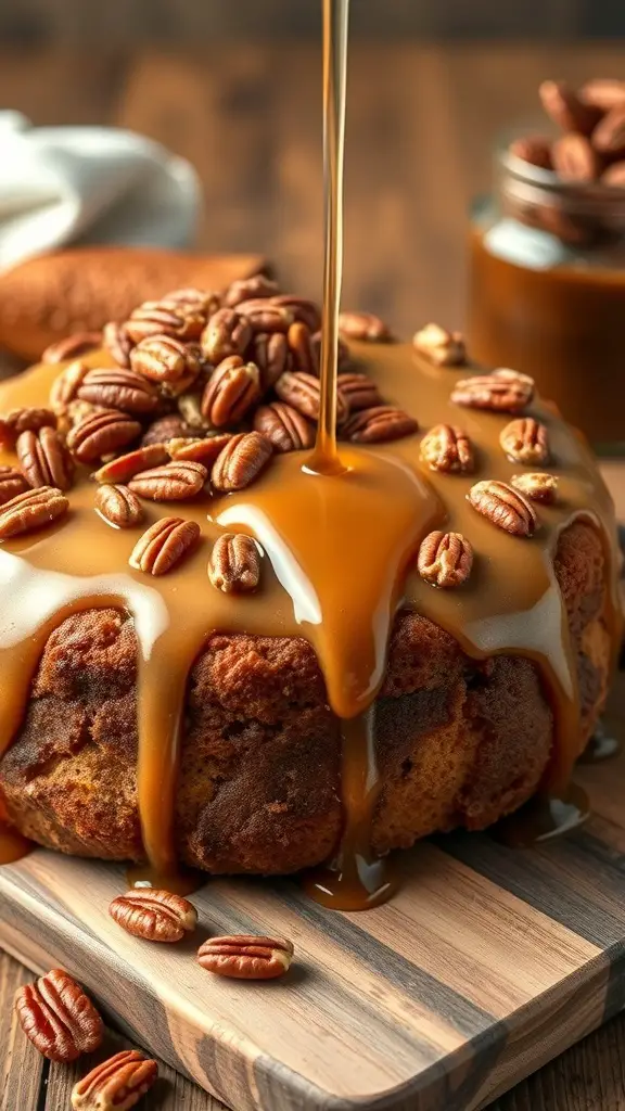 A delicious maple pecan cake with a glossy maple glaze and topped with pecans.