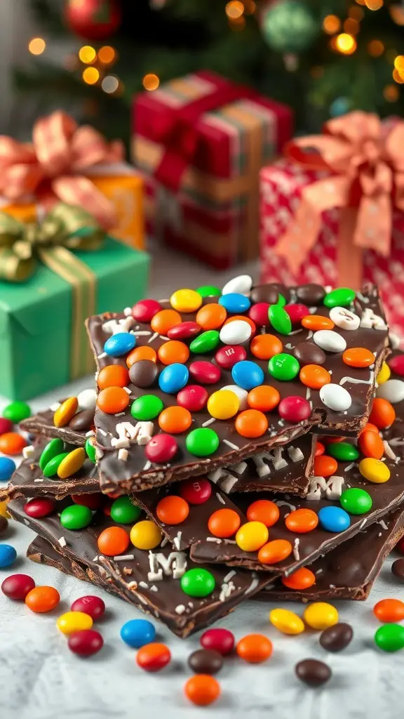 Colorful Milk Chocolate M&M Bark with gifts in the background