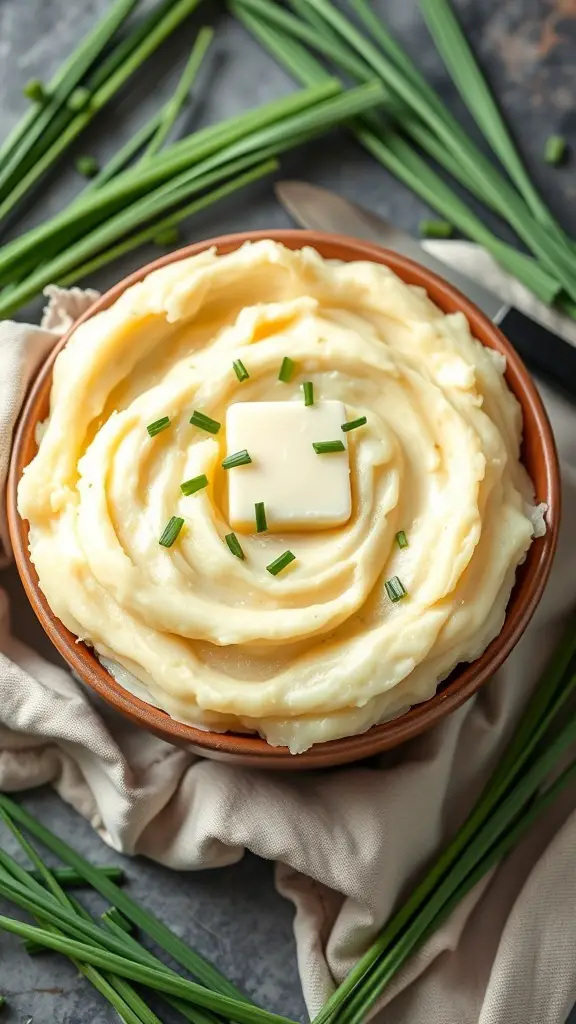 A bowl of creamy garlic mashed potatoes topped with a pat of butter and chives, surrounded by fresh chives.
