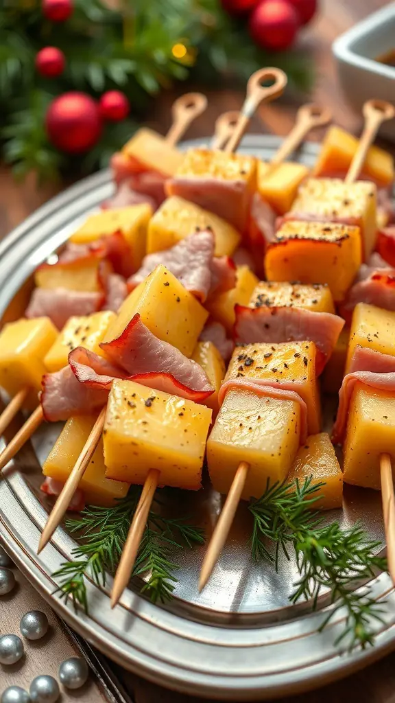 A platter of pineapple and ham skewers, garnished with fresh herbs and holiday decorations.