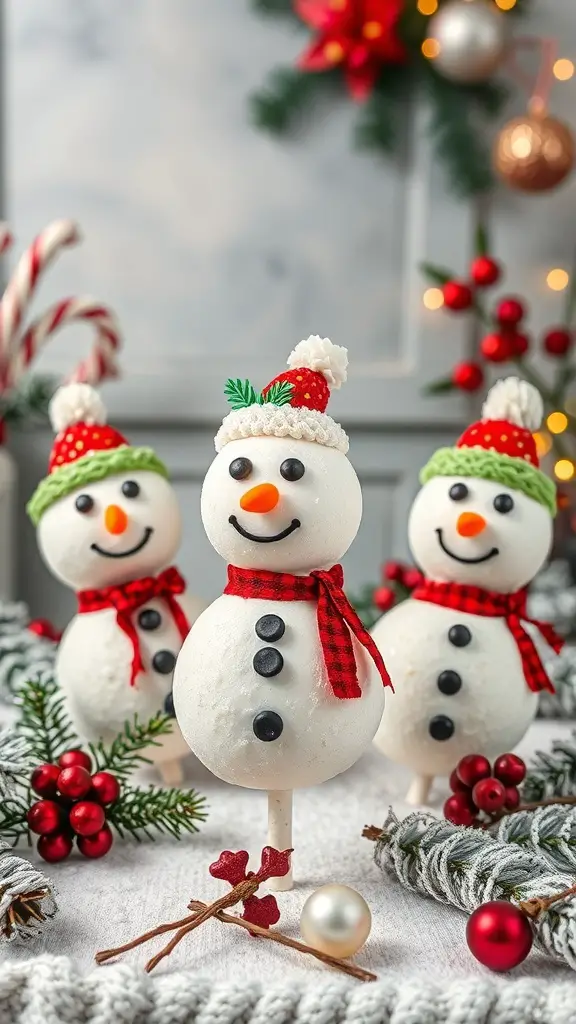 Three snowman cake pops decorated with hats and scarves, surrounded by festive decorations.
