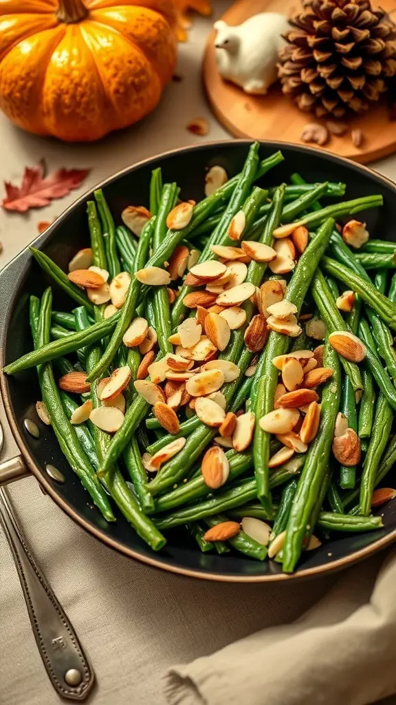 A pan of sautéed green beans topped with sliced almonds, with a pumpkin and pine cone in the background.