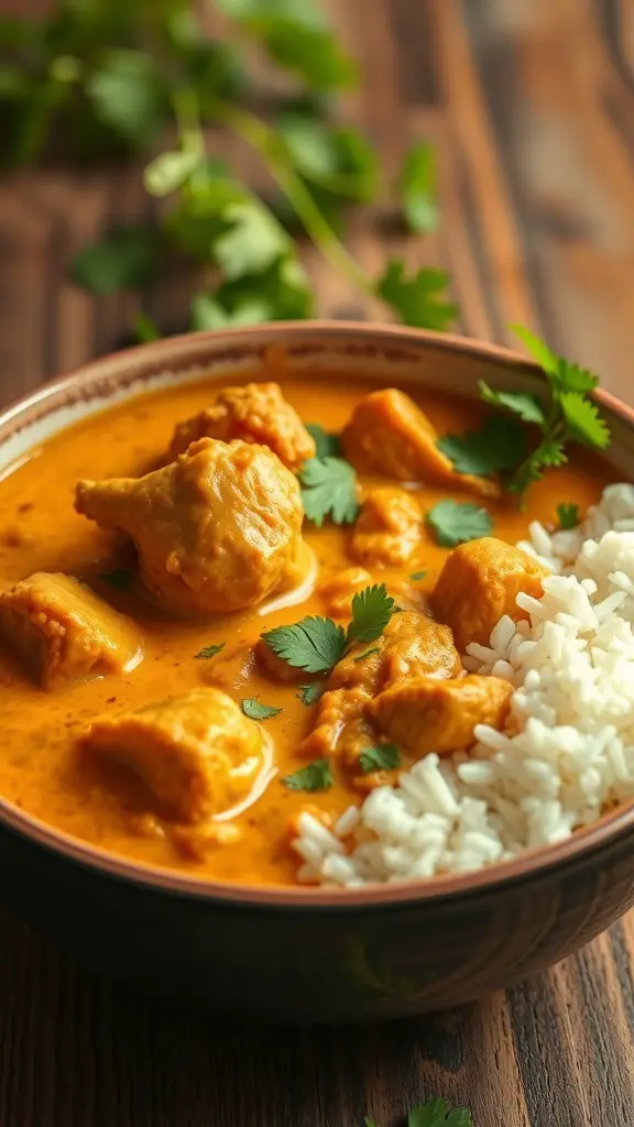 A bowl of turkey curry with coconut milk served with rice and garnished with cilantro.