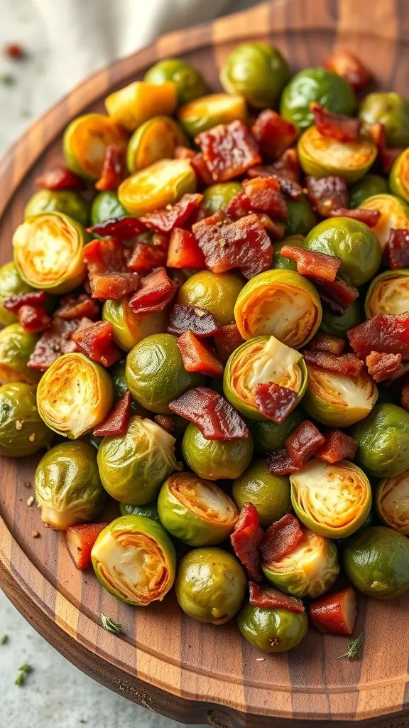 A wooden platter filled with Brussels sprouts and crispy bacon pieces.