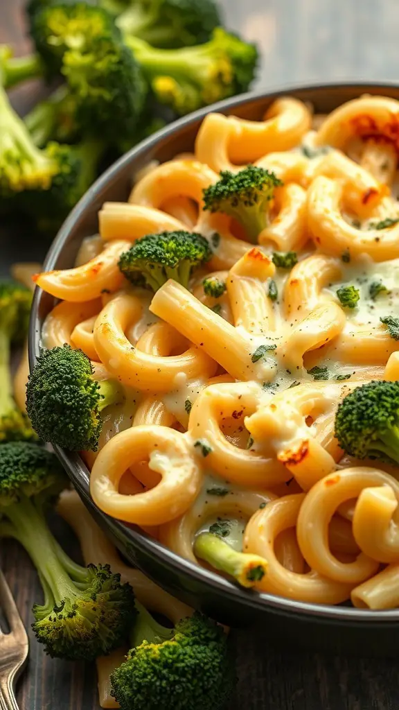 A bowl of creamy Alfredo pasta bake with broccoli, showcasing a delicious blend of pasta and vibrant green vegetables.