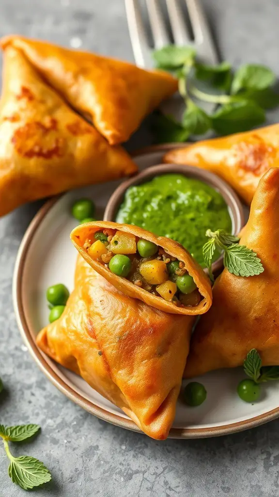 A plate of golden samosas with mint chutney, showcasing a crispy exterior and a vibrant green dip.