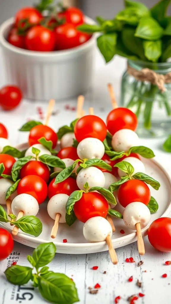 A plate of mini Caprese skewers with cherry tomatoes, mozzarella balls, and basil leaves.