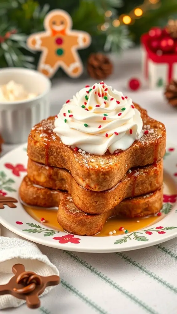 A plate of Gingerbread French Toast topped with whipped cream and colorful sprinkles, surrounded by festive decorations.