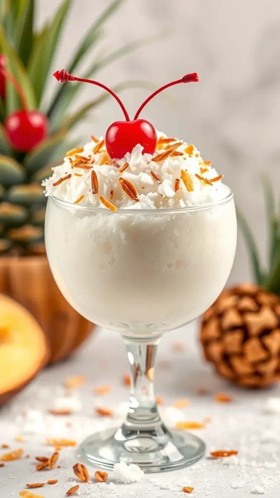 A Coconut Cream Snowball drink topped with shredded coconut and a cherry, with tropical elements in the background.