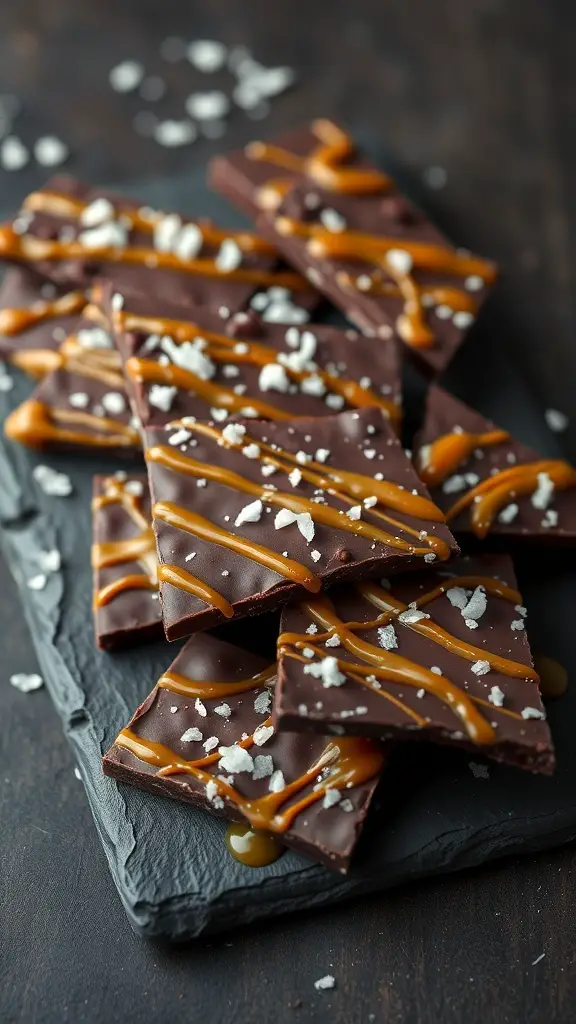 Dark Chocolate Sea Salt Caramel Bark pieces on a slate board