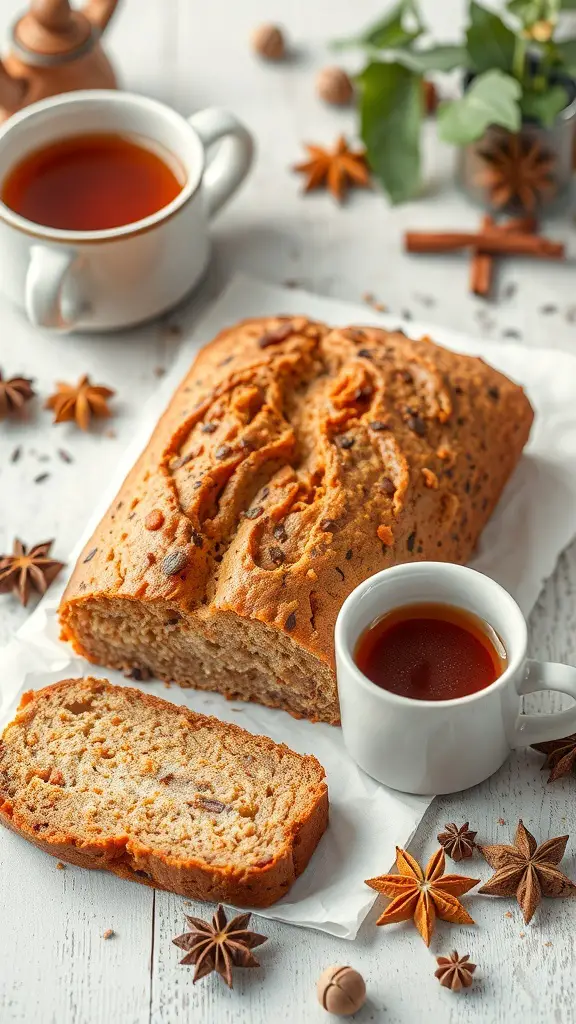 A loaf of chai spice bread with a cup of tea and spices around it.