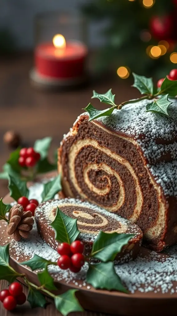A beautifully decorated Chocolate Hazelnut Yule Log surrounded by festive decorations.
