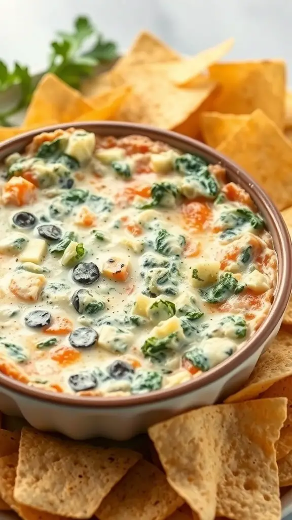 A bowl of spinach and artichoke dip surrounded by tortilla chips.