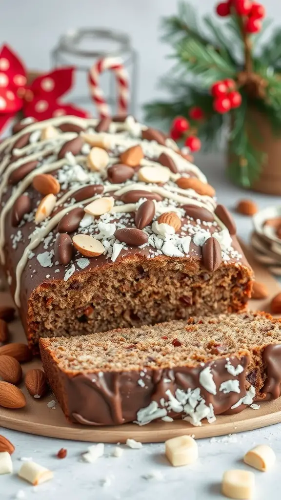 A loaf of Almond Joy Bread topped with chocolate, almonds, and coconut, with a slice cut out, surrounded by festive decorations.