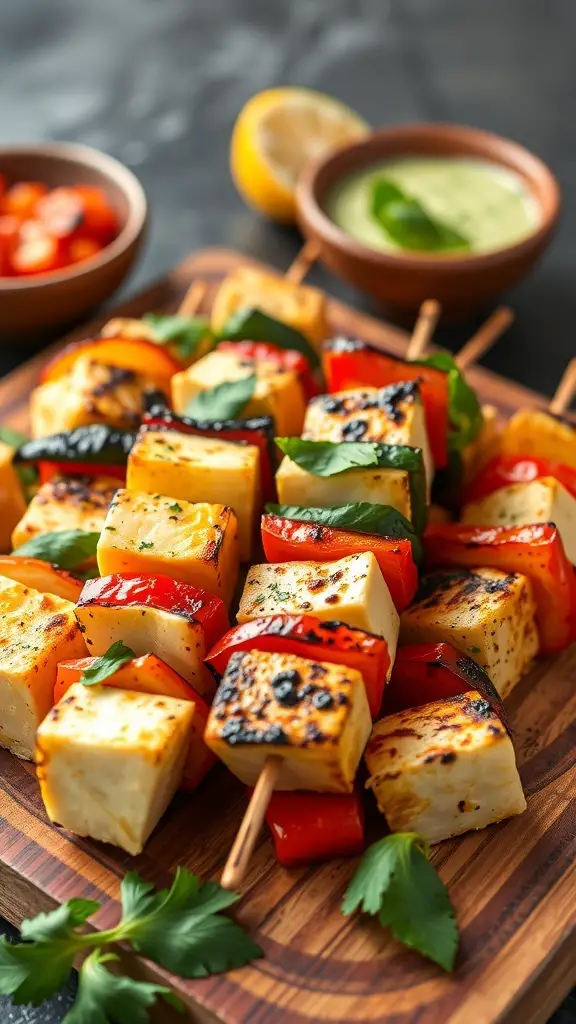 Grilled spicy paneer and vegetable skewers on a wooden platter with dipping sauces.