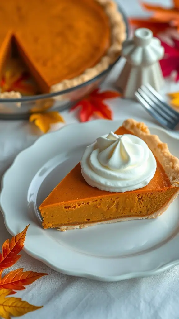 A slice of pumpkin pie topped with whipped cream on a white plate, with the whole pie in the background and autumn leaves around.