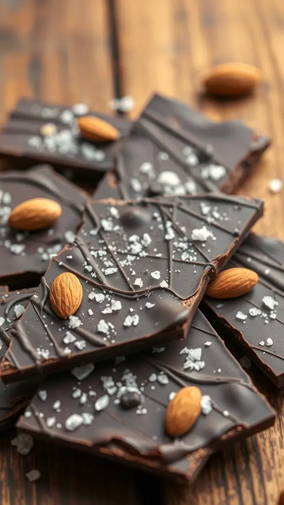 Dark chocolate almond bark with sea salt pieces on a wooden surface