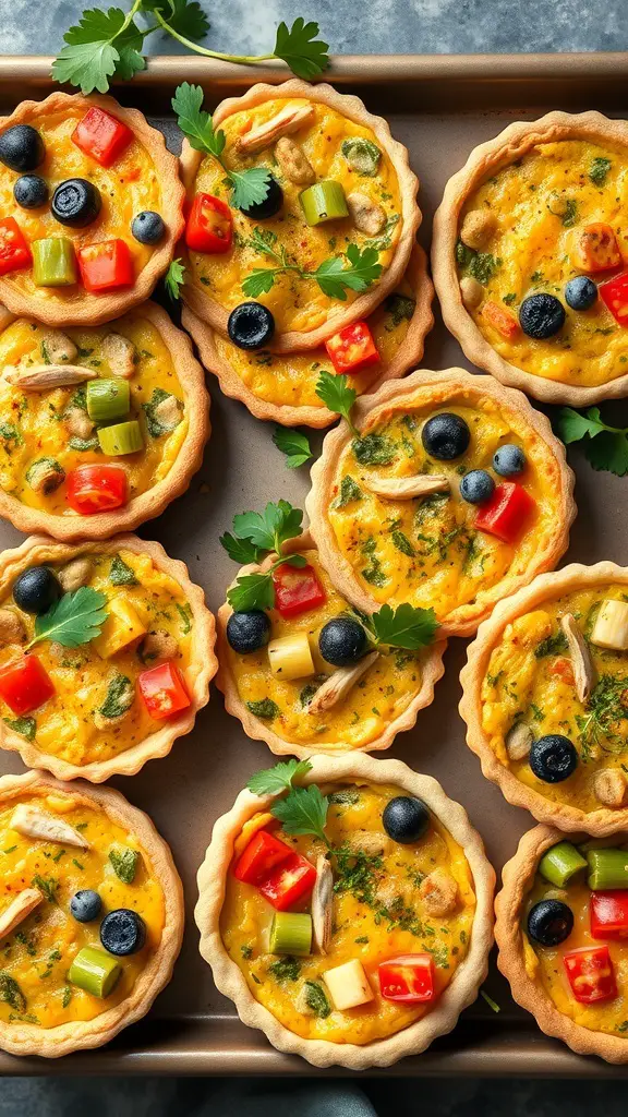 A tray of mini vegan quiches topped with colorful vegetables and herbs.