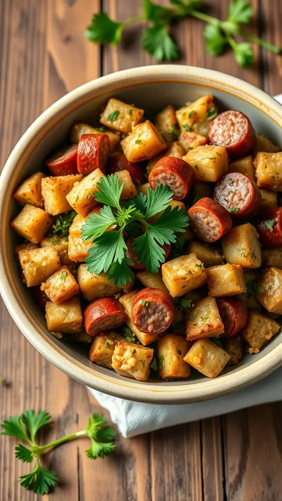 A bowl of savory herb stuffing with sausage, featuring golden bread cubes and slices of sausage garnished with fresh herbs.