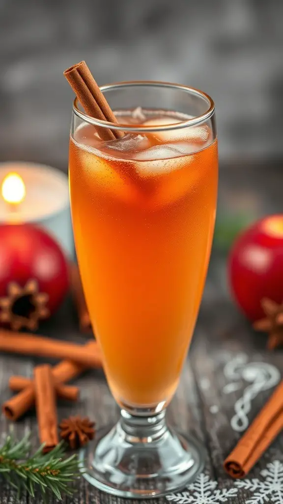 A glass of spiced apple cider mimosa with a cinnamon stick, surrounded by holiday decorations.