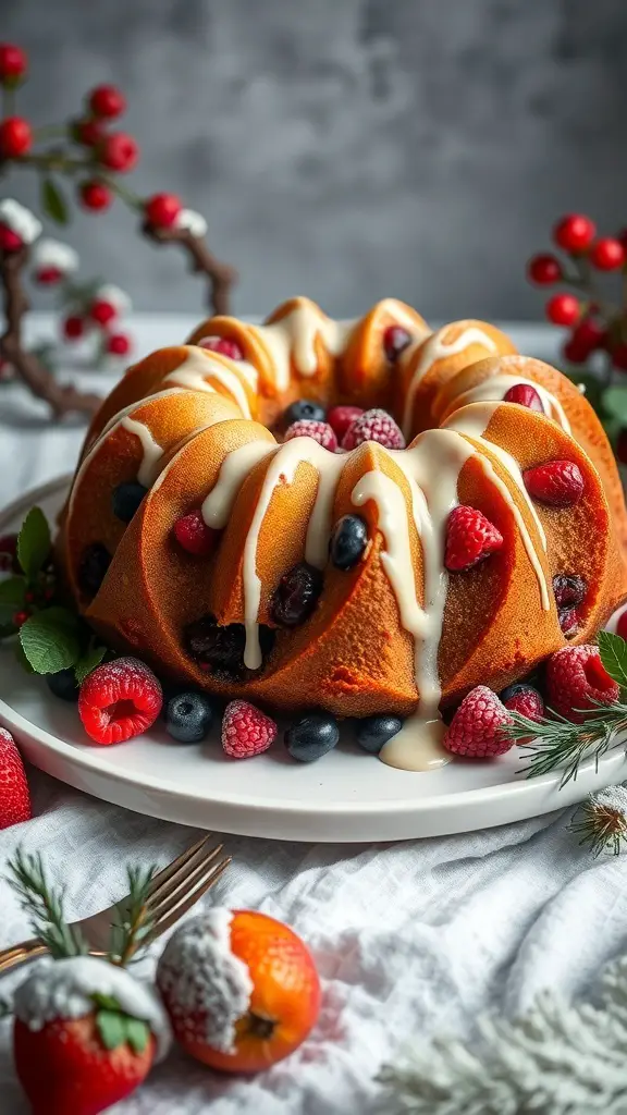 A beautifully decorated Winter Berry Bundt Cake with fresh berries and a creamy drizzle.