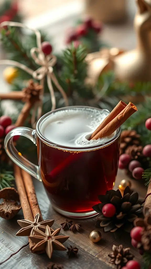 A cozy cup of tea with cinnamon stick, surrounded by festive decorations.