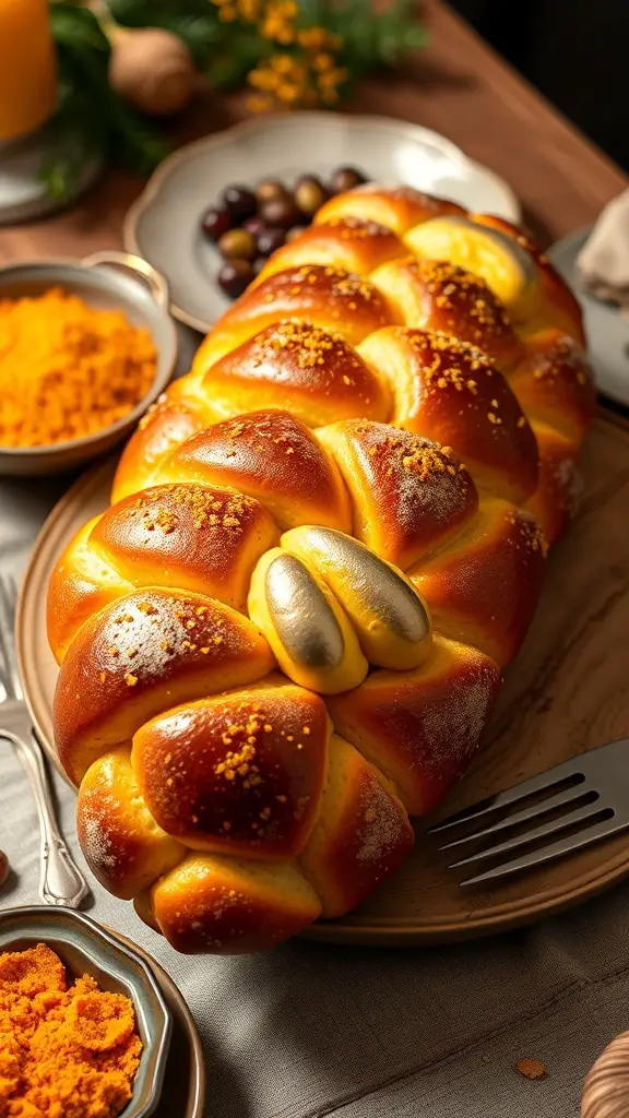 A beautifully braided saffron and cardamom bread, golden brown with a shiny crust, surrounded by spices and garnishes.
