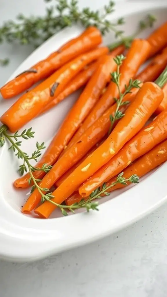 A plate of honey-glazed carrots garnished with thyme