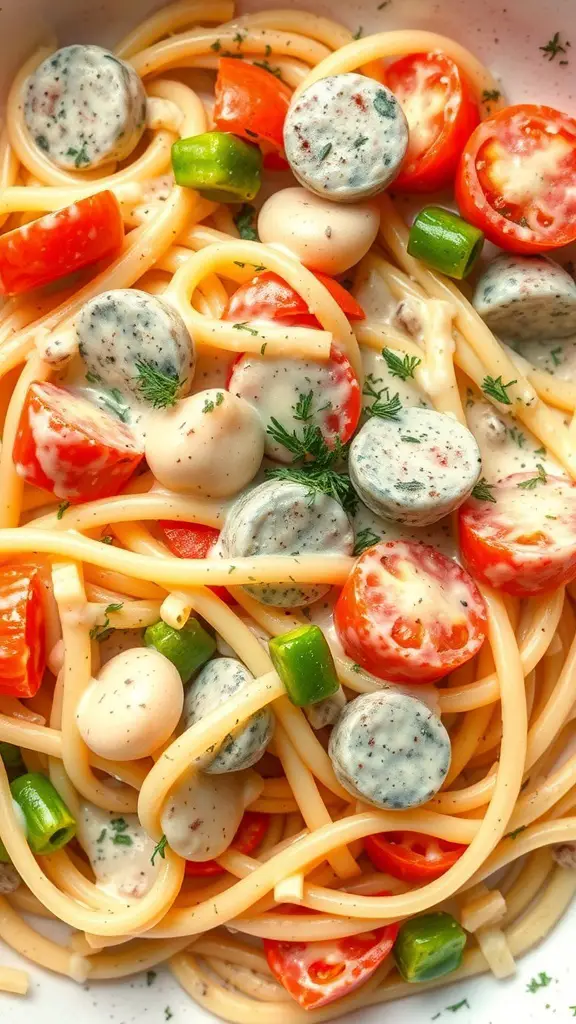 A colorful bowl of Pasta Primavera with creamy Alfredo sauce, featuring cherry tomatoes, green bell peppers, and spaghetti.