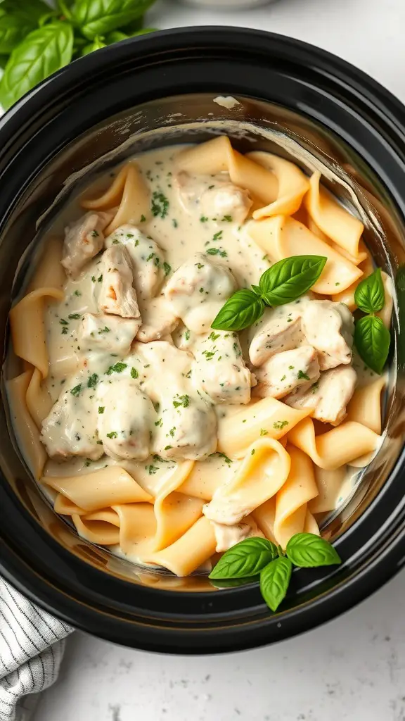 A crockpot filled with creamy chicken alfredo pasta, garnished with fresh basil.