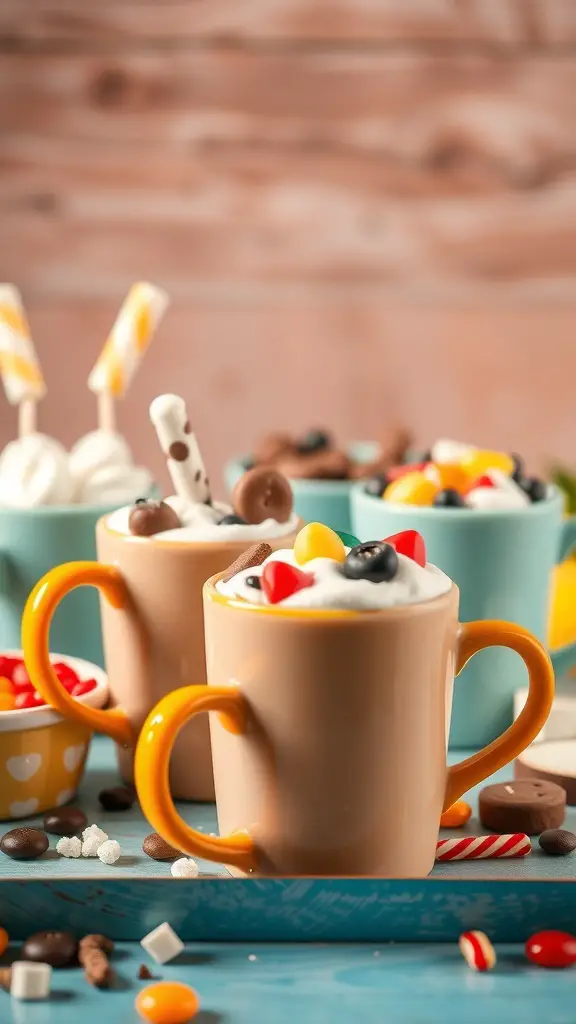 Colorful mugs of hot chocolate topped with whipped cream and various candies