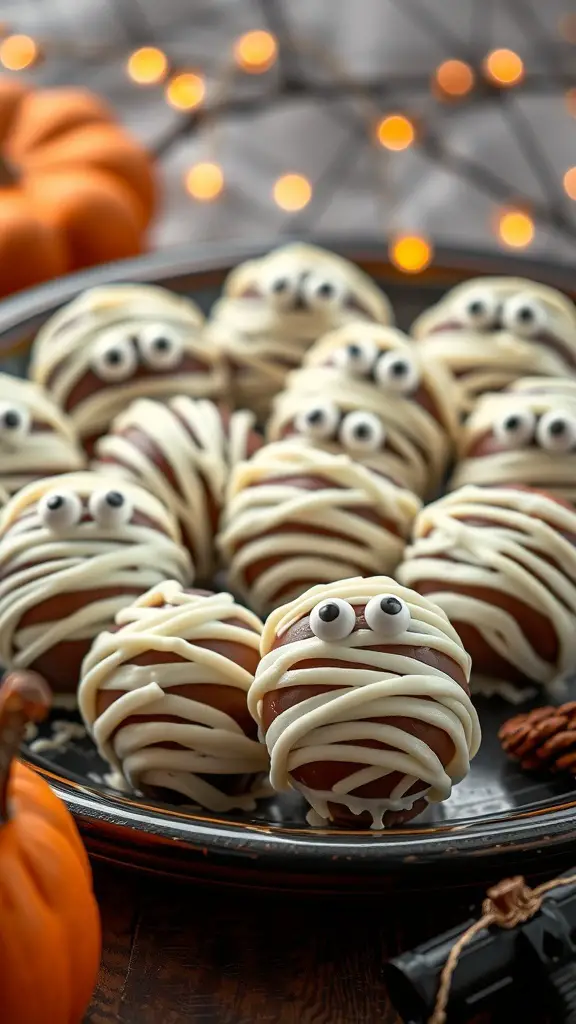 A plate of Chocolate Mummy Truffles decorated with white chocolate and candy eyes, set against a backdrop of pumpkins and fairy lights.