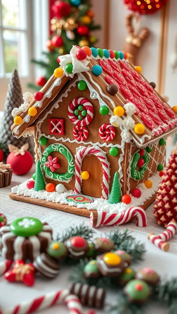 A decorated gingerbread house with colorful candies and icing, surrounded by festive treats.