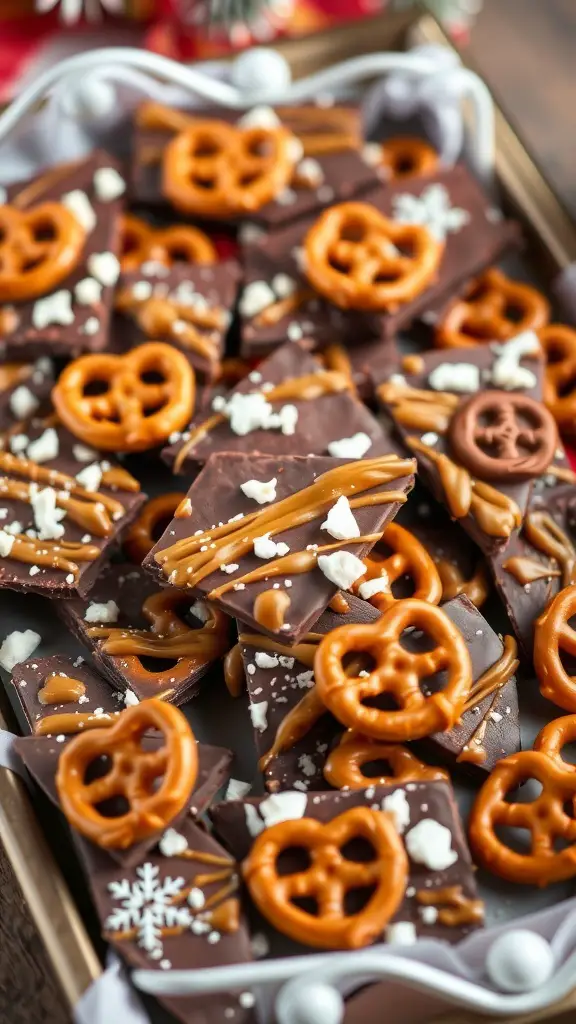 A tray of Caramel Pretzel Chocolate Bark with pretzels, caramel drizzle, and white chocolate bits.