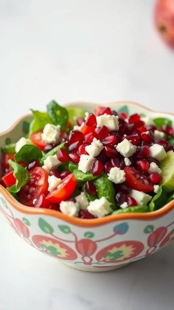 A colorful Pomegranate and Feta Salad in a decorative bowl.