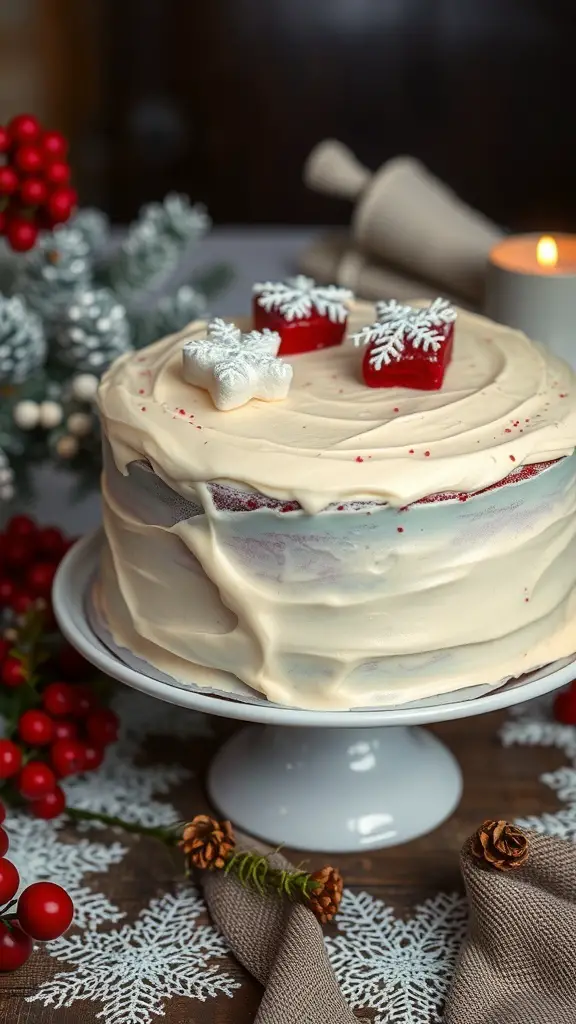 A beautifully decorated Red Velvet Winter Celebration Cake with snowflake decorations and festive accents.