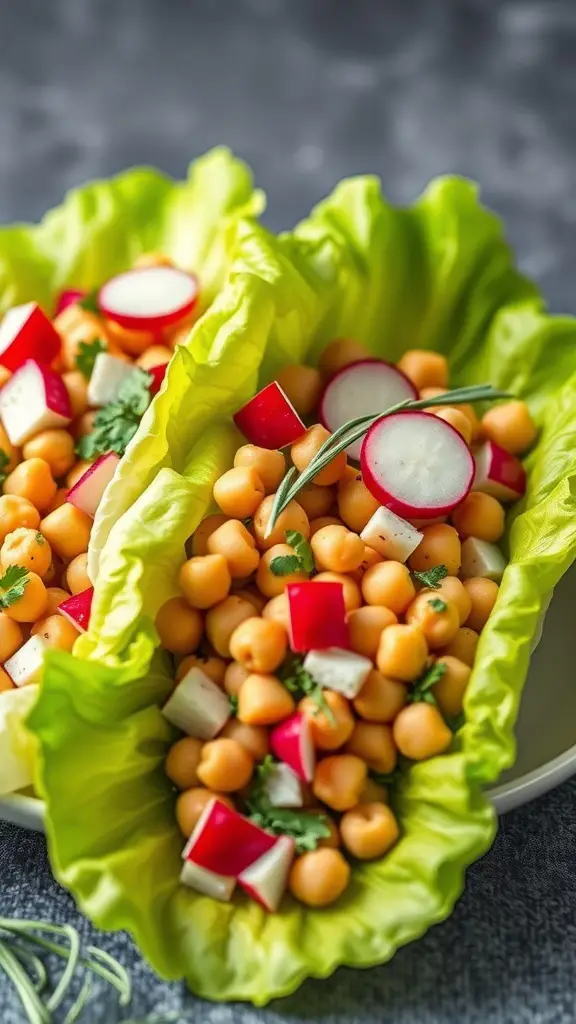 Chickpea salad lettuce wraps with radishes and herbs