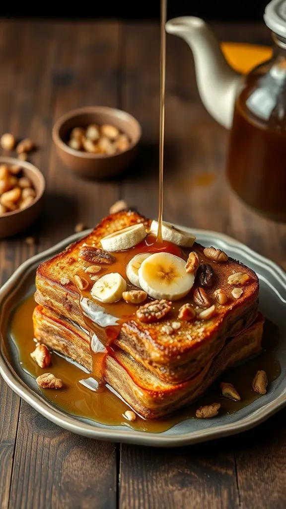 A plate of Nutty Banana Bread French Toast topped with banana slices and nuts, drizzled with syrup.