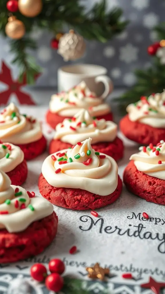 Red velvet cookies topped with cream cheese frosting and colorful sprinkles, set against a festive background.