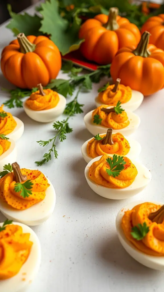 Pumpkin-shaped deviled eggs decorated with parsley and pretzel sticks, surrounded by small pumpkins