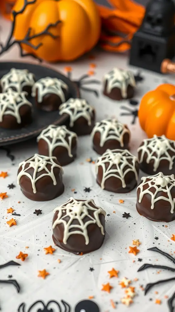 A display of Halloween truffles designed to look like spider webs, surrounded by pumpkins and Halloween decorations.