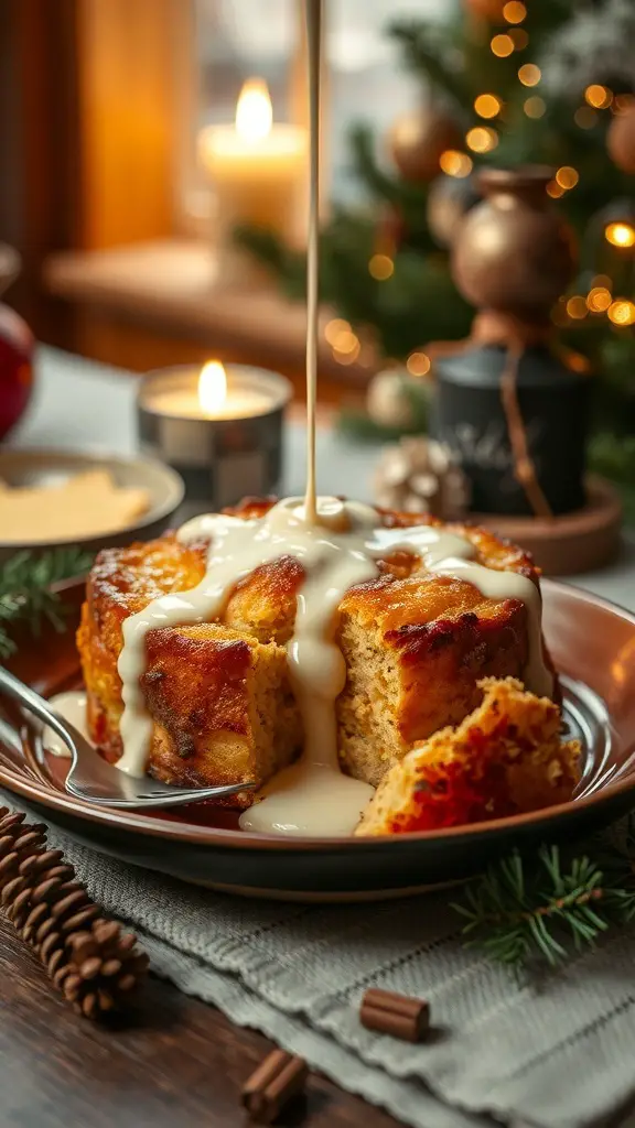 A serving of panettone bread pudding drizzled with vanilla sauce, set on a festive table with Christmas decorations.
