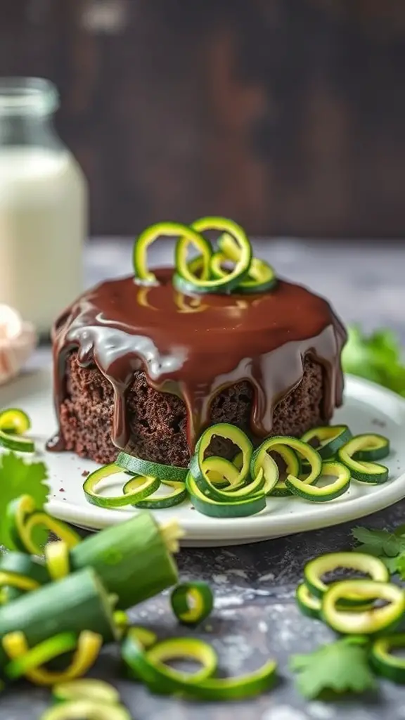 A moist dark chocolate zucchini cake topped with chocolate ganache and garnished with zucchini ribbons.